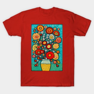 Cute Abstract Flowers in a Blue and Yellow Vase Still Life Painting T-Shirt